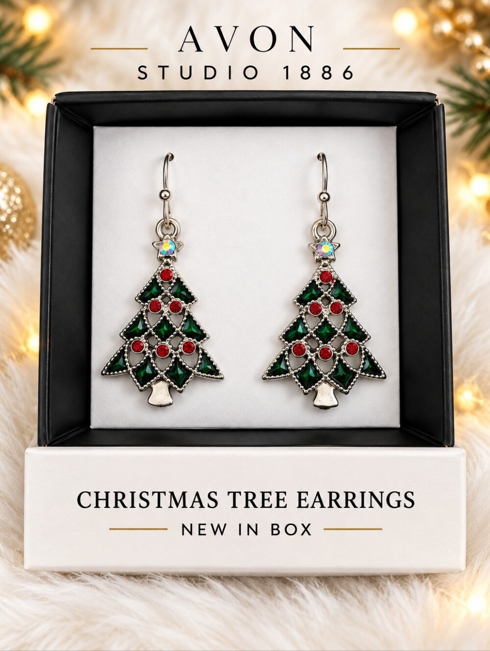Avon Studio 1886 Christmas Tree Crystal Earrings NIB